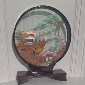 Vintage Large Round Colored Chinese Hand Carved Cork Diorama